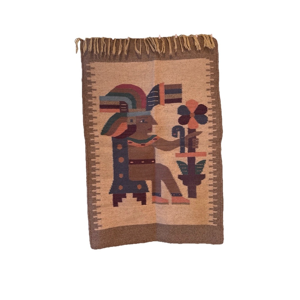 Vtg Rug Wool Hand Woven Aztec Pictorial Mexico Tapestry Prayer Rug/ Hang 36"X24"